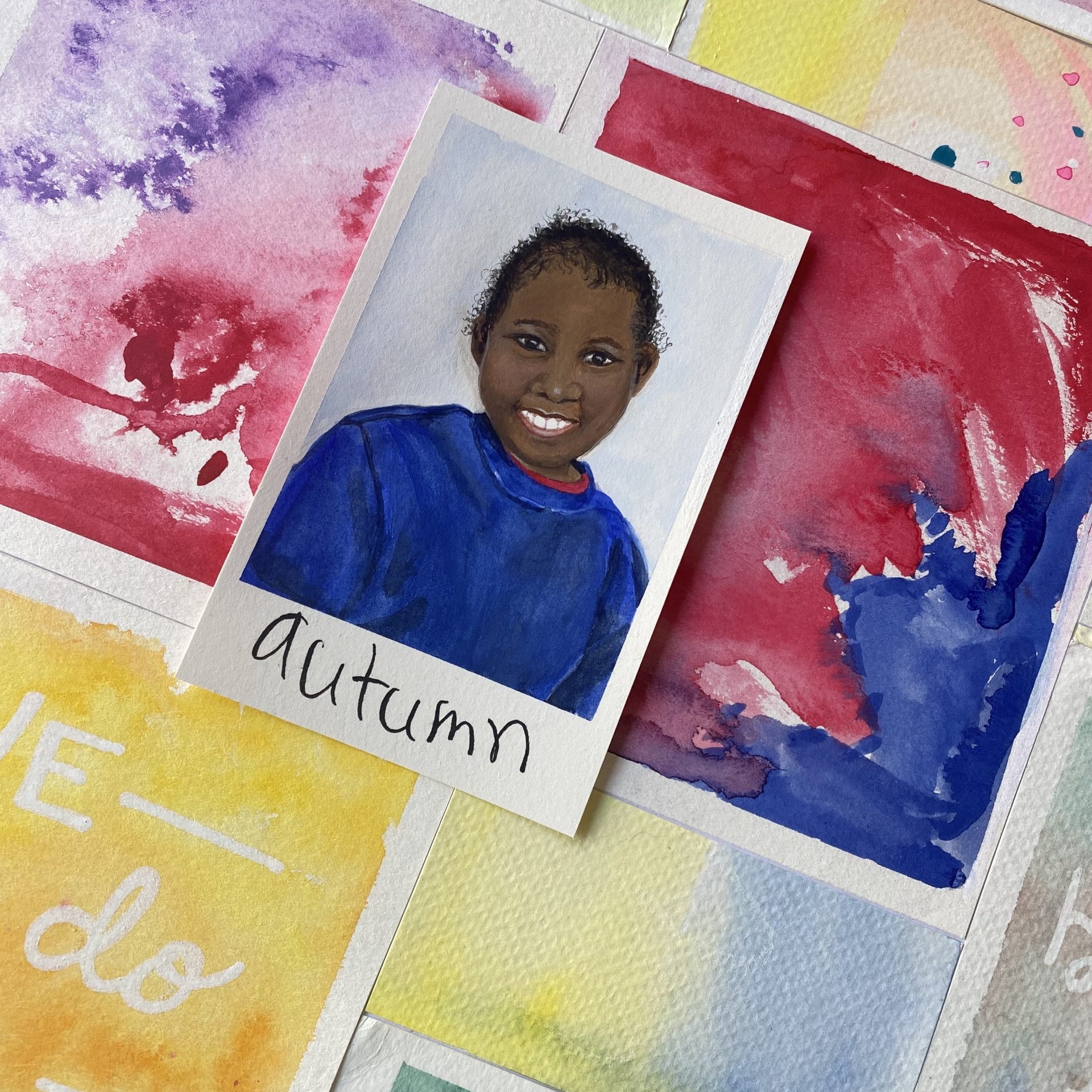 Painting of young girl over colored background